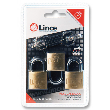 Cadenas à cylindre, double verrouillage - laiton - 3 pcs avec 4 clé passe-partout - 25 mm